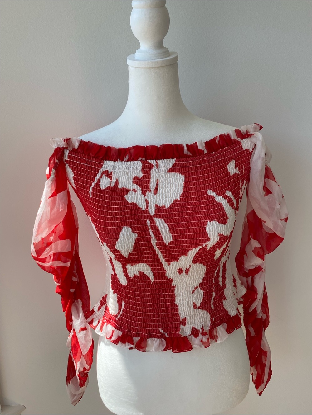 Caroline Constas Red Floral Off-Shoulder Smocked Crop Top